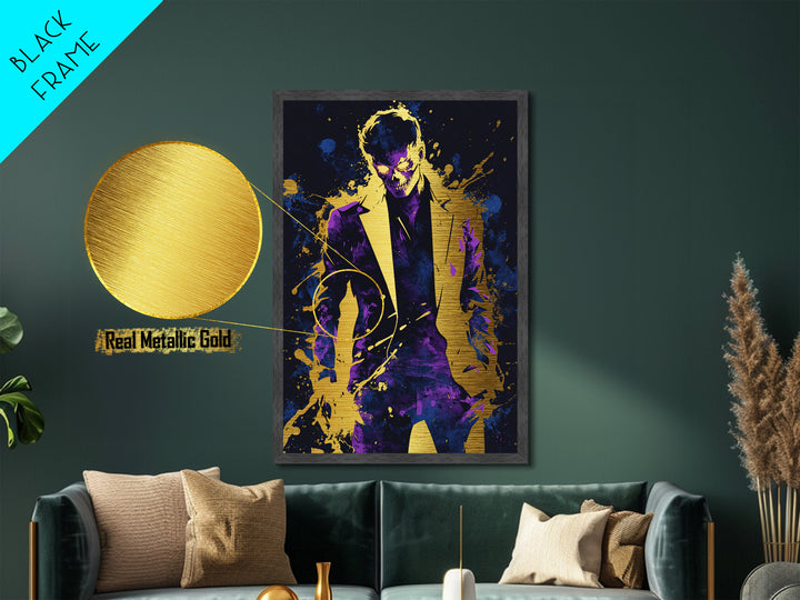 Skeleton Suit Horror Man Metallic Gold Art Metal Art Halloween Wall Decor Spooky Haunted Villain Character in Real Wood Frame