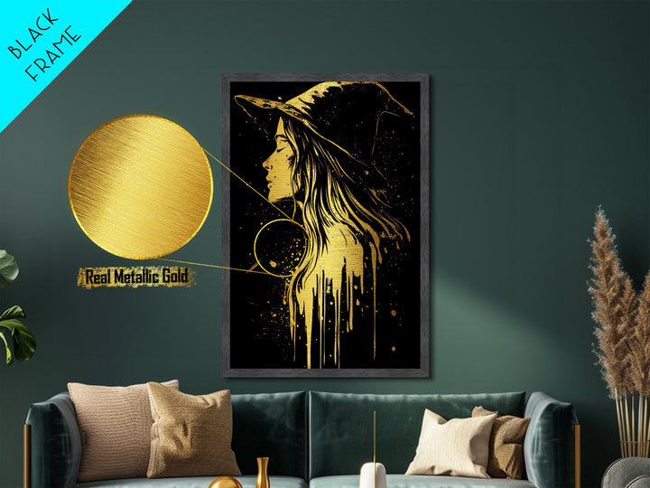 Halloween Metallic Gold Art | Witch Silhouette Metal Art | Spooky Haunted Gothic Wall Print in Handcrafted Real Wood Frame