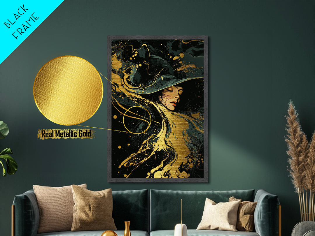 Flowing Witch Metallic Gold Art Wall Hanging, Gothic Spooky Season Metal Art, Halloween Witch Portrait in Wood Frame