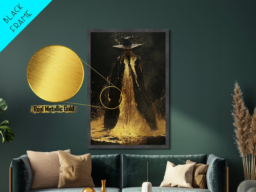 Mystic Witch Metallic Gold Art Wall Print, Gothic Spooky Metal Art, Halloween Enchanted Portrait with Solid Wood Frame