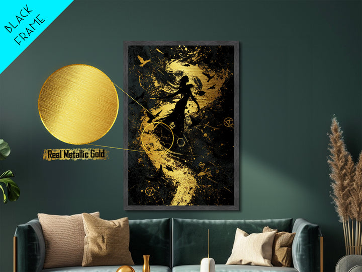 Occult Witch Metallic Gold Art Print, Spooky Season Metal Art, Gothic Halloween Wall Hanging Framed in Real Wood