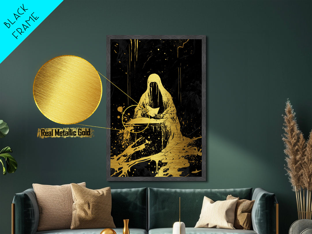 Grim Reaper Reading Gothic Metallic Gold Art Metal Art Creepy Haunted Wall Print with Real Wood Frame for Spooky Season
