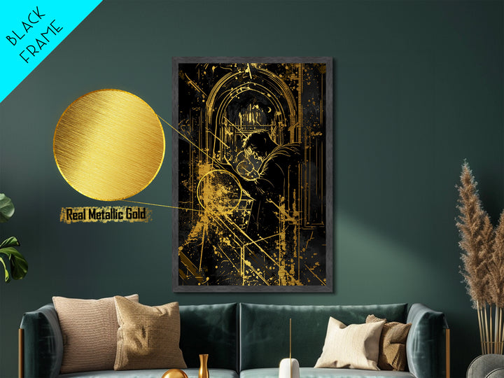 Gothic Cathedral Sorcerer Metallic Gold Art Metal Art Haunted Architecture Halloween Wall Decor with Real Wood Frame