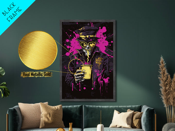 Skeleton Bartender Metallic Gold Art Metal Art Gothic Skull Drinking Print Halloween Spooky Decor with Natural Wood Frame