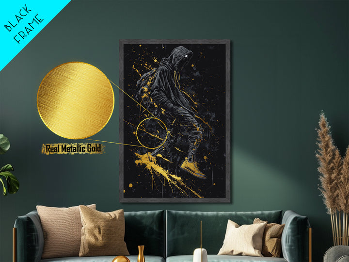 Metallic Gold Art Cyberpunk Hoodie Halloween Wall Decor | Spooky Streetwear Metal Art with Real Wood Frame | Dark Urban Gothic