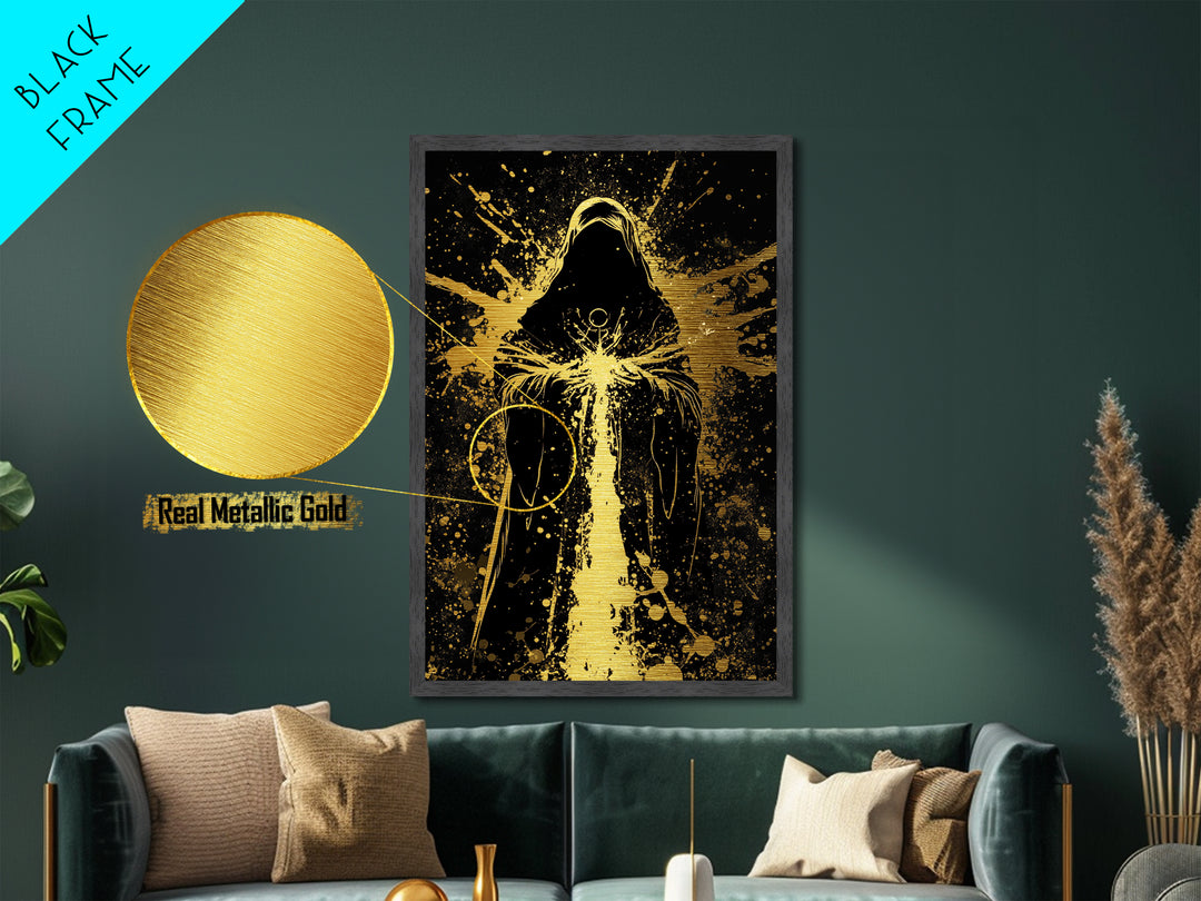 Gothic Reaper Metallic Gold Art | Spooky Halloween Metal Art on Black Canvas | Cloaked Horror Figure Framed in Natural Wood