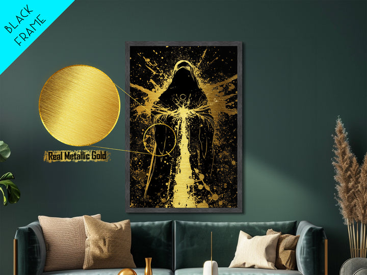 Gothic Reaper Metallic Gold Art | Spooky Halloween Metal Art on Black Canvas | Cloaked Horror Figure Framed in Natural Wood