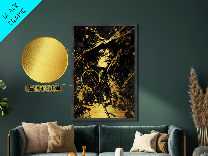 Witch in Shadows Metallic Gold Art | Gothic Halloween Metal Art | Enchanted Sorceress Design Mounted in Real Wood Frame