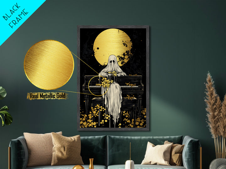 Ghost at Piano Metallic Gold Art | Creepy Gothic Halloween Metal Art | Haunted Spirit Music Scene Framed in Natural Wood
