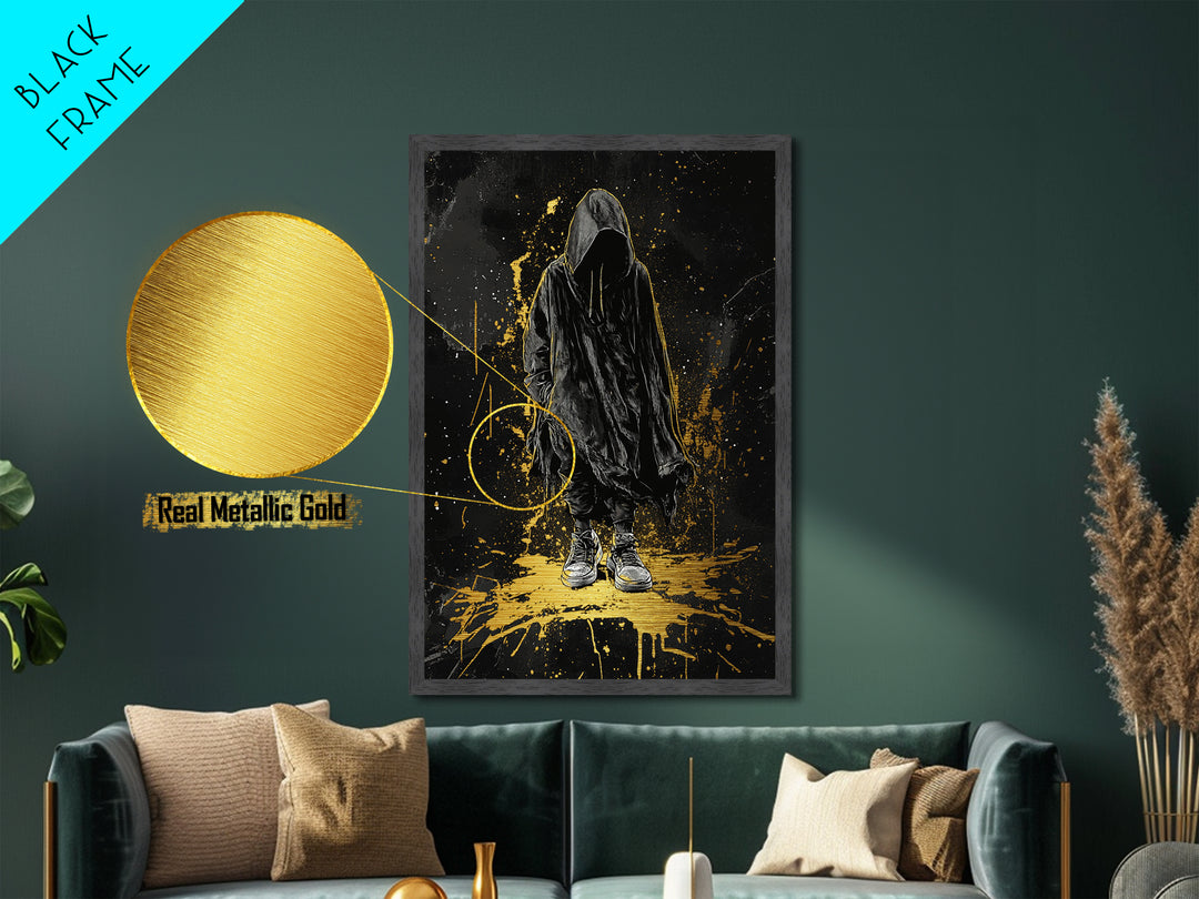 Metallic Gold Art Hooded Phantom Halloween Wall Art | Creepy Spooky Season Metal Art with Real Wood Frame | Haunted Horror Decor