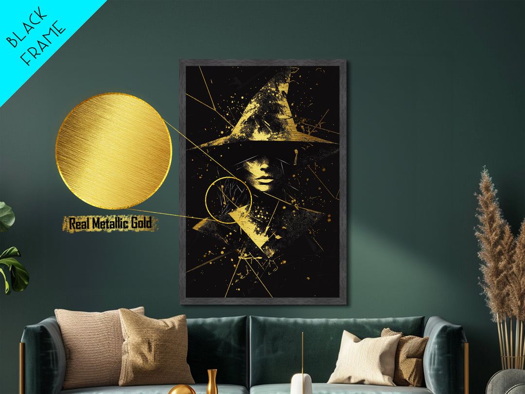 Mystic Witch Metallic Gold Art | Gothic Halloween Metal Art | Witchy Abstract Portrait with Hat Framed in Natural Wood
