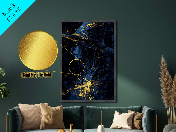 Witchy Woman Halloween Artwork Metallic Gold Art Metal Art in Real Wood Frame Creepy Spooky Gothic Horror Wall Hanging
