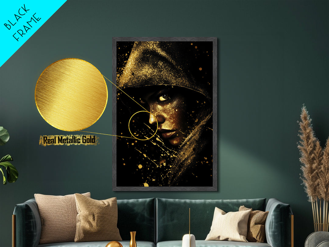 Creepy Gothic Hooded Witch Portrait Metallic Gold Art Metal Art Halloween Horror Artwork with Real Wood Framing