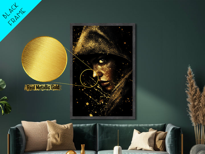 Creepy Gothic Hooded Witch Portrait Metallic Gold Art Metal Art Halloween Horror Artwork with Real Wood Framing