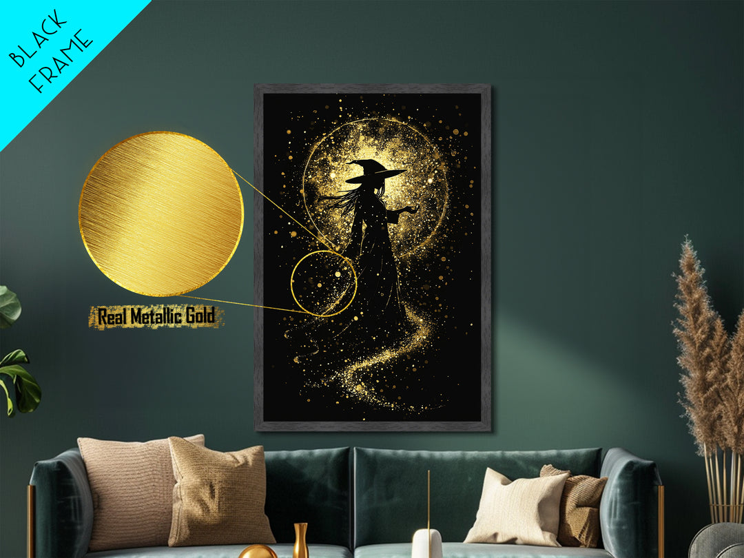 Metal Art Metallic Gold Art Haunted Witch Wall Decor Gothic Halloween Portrait Framed in Authentic Real Wood