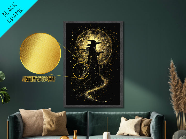 Metal Art Metallic Gold Art Haunted Witch Wall Decor Gothic Halloween Portrait Framed in Authentic Real Wood