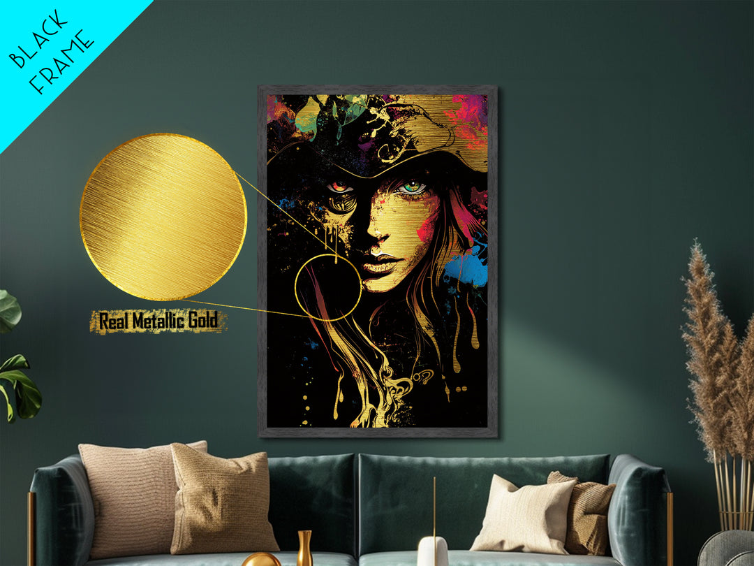 Halloween Horror Witch Face Metallic Gold Art Metal Art Spooky Gothic Haunted Artwork Framed with Natural Wood