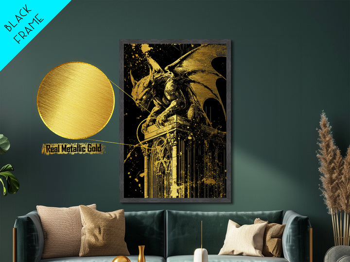 Metallic Gold Art Gargoyle Halloween Wall Art | Gothic Monster Metal Art with Real Wood Frame | Spooky Dark Fantasy Haunted Decor