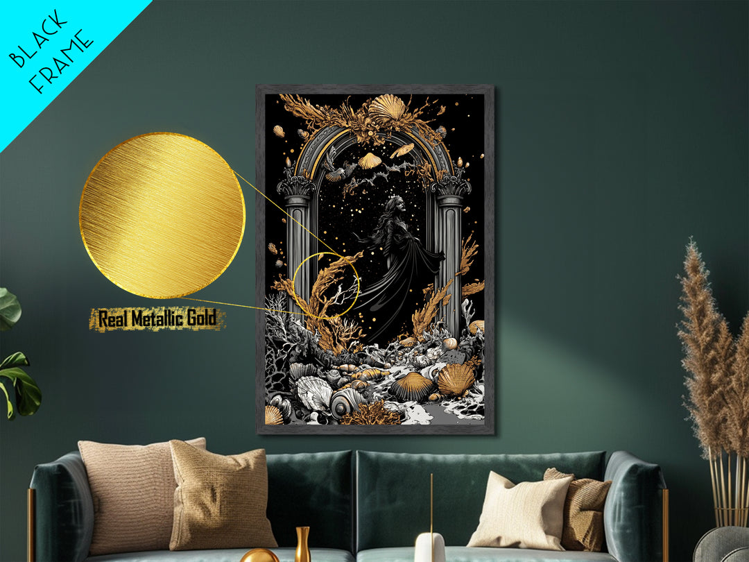Gothic Arch Witch Metallic Gold Art | Haunted Coral Sea Metal Art | Halloween Wall Décor Framed in Real Wood