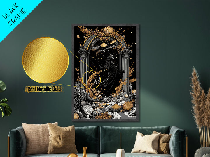 Gothic Arch Witch Metallic Gold Art | Haunted Coral Sea Metal Art | Halloween Wall Décor Framed in Real Wood