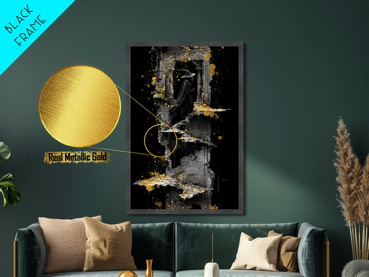 Witch in Ruins Metallic Gold Art | Haunted Staircase Gothic Metal Art | Spooky Halloween Wall Hanging with Real Wood Frame