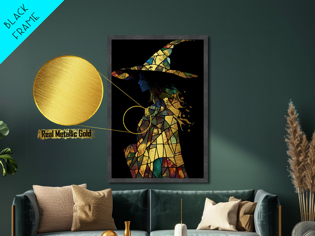 Stained Glass Witch Silhouette | Vibrant Halloween Metallic Gold Art | Witchy Metal Art in Natural Wood Frame