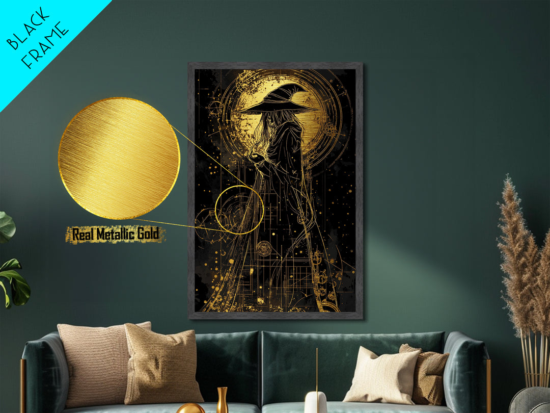 Celestial Witch Metallic Gold Art | Occult Magic Circles Metal Art | Gothic Halloween Wall Print with Real Wood Frame