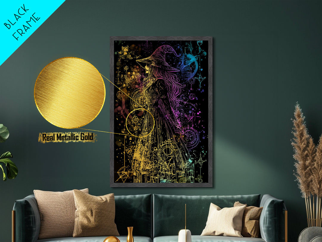 Rainbow Witch Aura Metallic Gold Art | Spooky Sorcery Metal Art | Halloween Witch Wall Décor Framed in Natural Wood