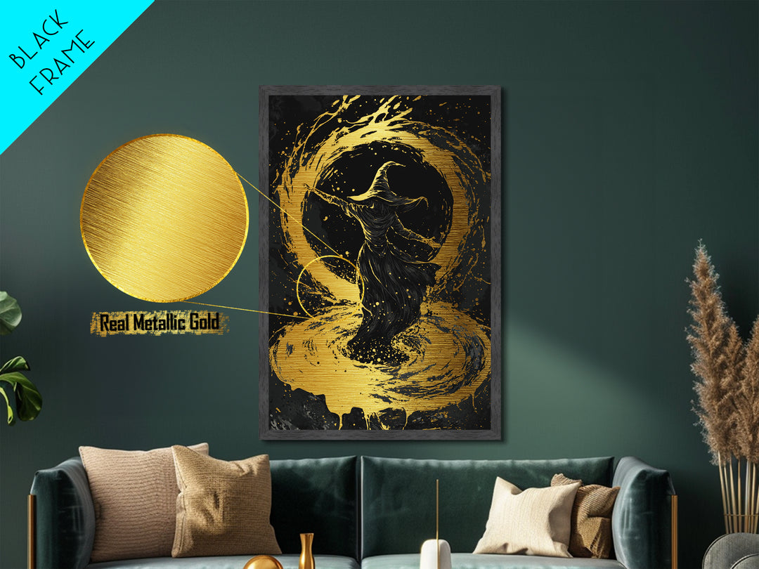 Witch Casting Spell Metallic Gold Art | Enchanted Magic Circle Metal Art | Gothic Halloween Wall Hanging with Wood Frame