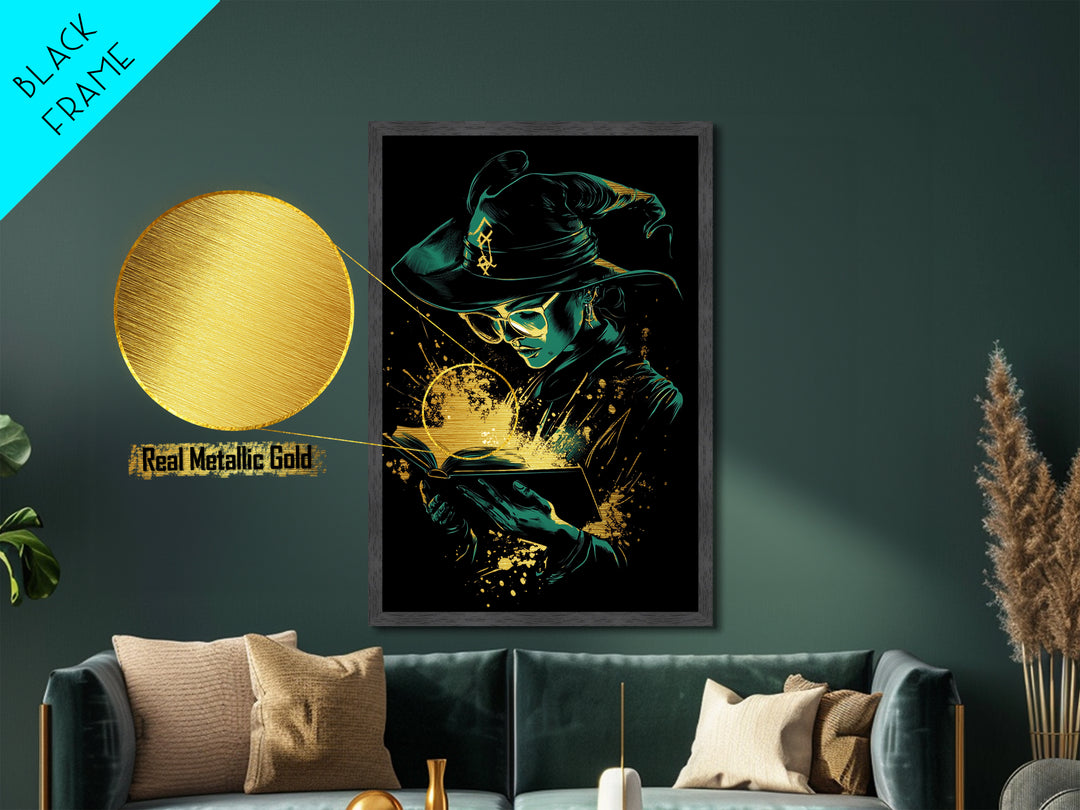 Witch Reading Spellbook Metallic Gold Art | Gothic Sorcery Metal Art | Halloween Wall Décor in Framed Real Wood
