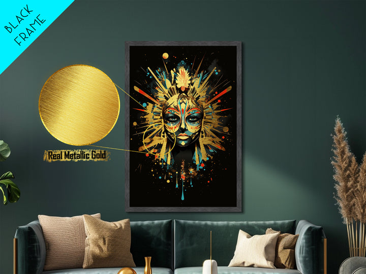 Mystical Mask Metallic Gold Art | Haunted Masquerade Metal Art | Halloween Witchy Wall Décor in Natural Wood Frame