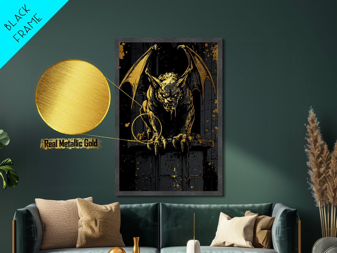 Metallic Gold Art Gargoyle Statue Halloween Wall Decor | Scary Gothic Metal Art with Real Wood Frame | Dark Spooky Haunted Artwork
