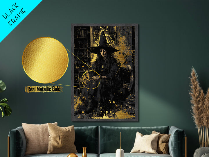 Dark Gothic Witch Metallic Gold Art | Spooky Sorceress Metal Art | Halloween Wall Hanging with Real Wood Frame