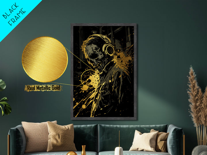 Haunted Skull With Headphones Metallic Gold Art, Creepy Music Lover Metal Art In Real Wood Frame, Gothic Horror Halloween Decor
