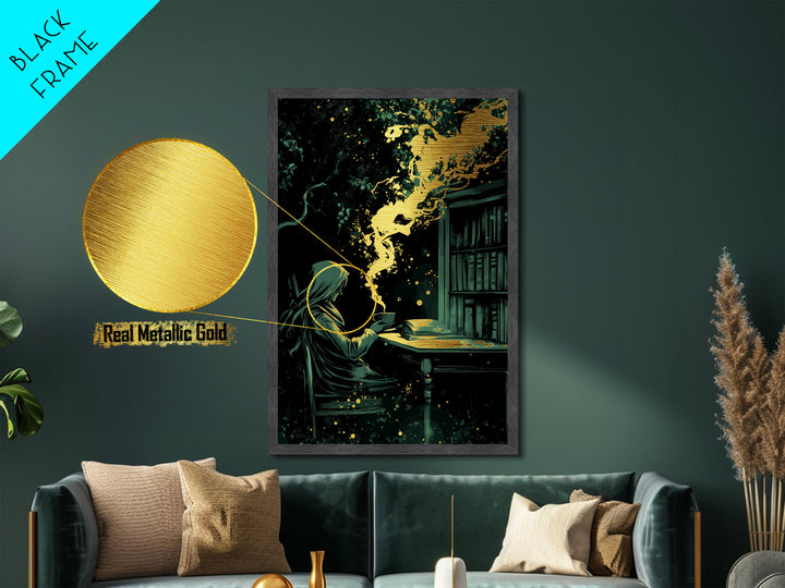 Mystical Witch Reading Metallic Gold Art, Spooky Gothic Library Scene Metal Art In Handcrafted Real Wood Frame For Halloween