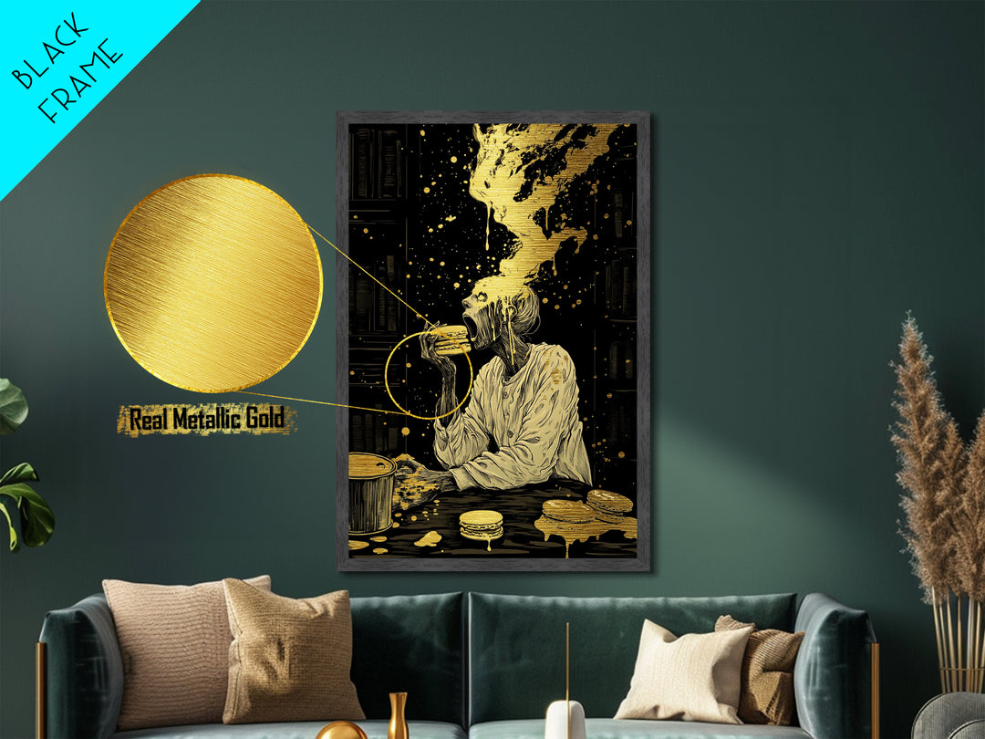 Ghastly Feast Burger Metallic Gold Art, Creepy Halloween Dining Metal Art Framed In Wood, Spooky Horror Wall Decor For Haunted Homes