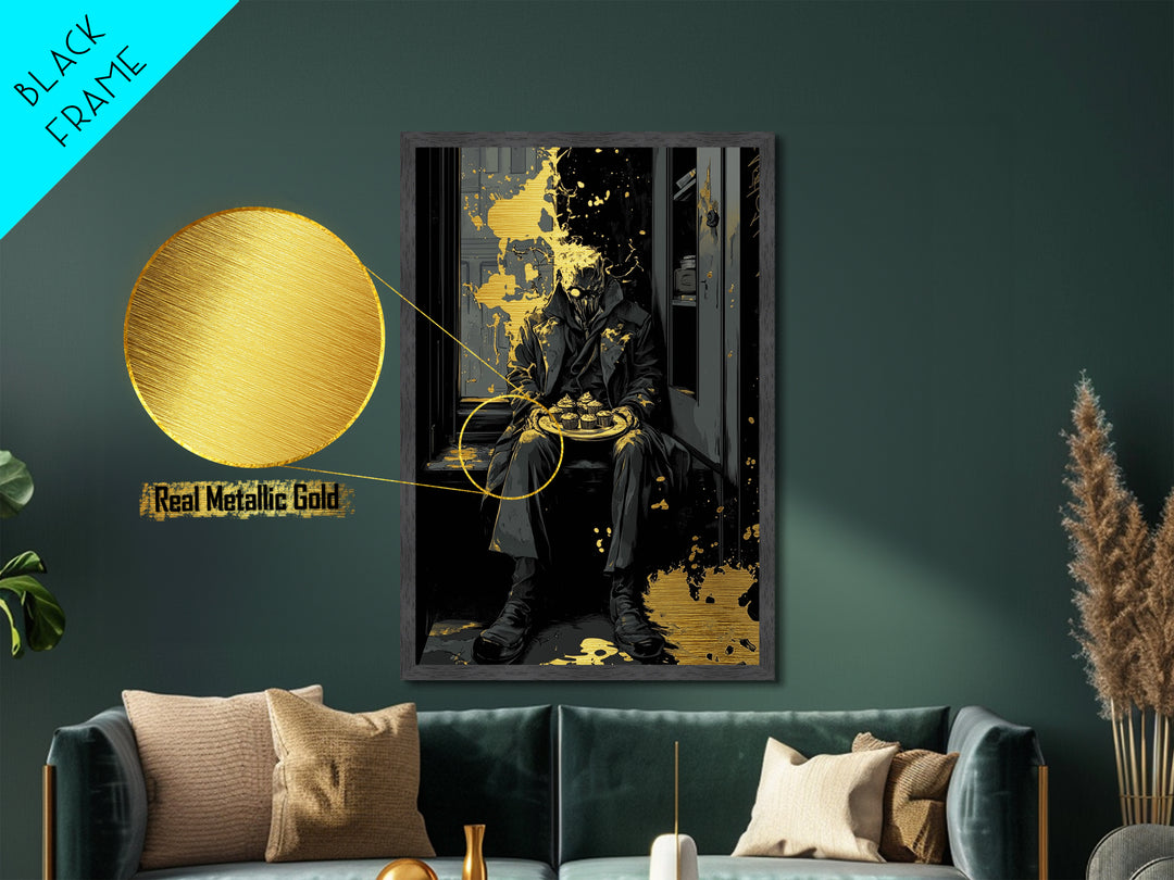 Dark Masked Stranger With Cupcakes Metallic Gold Art, Gothic Horror Metal Art Halloween Accent Framed In Authentic Wood Frame