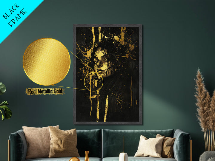 Metallic Gold Art Haunted Woman Portrait Wall Decor | Spooky Gothic Metal Art with Real Wood Frame | Halloween Witchy Dark Aesthetic