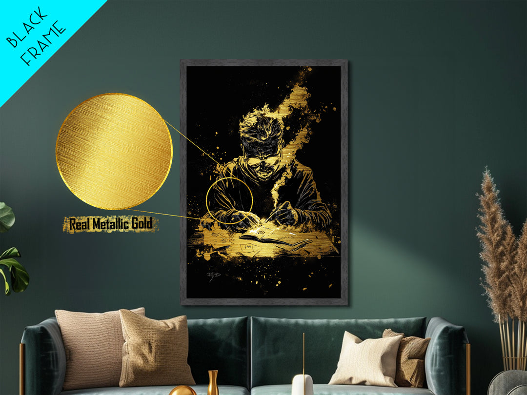 Haunted Writer Metallic Gold Art Metal Art Gothic Spooky Halloween Print with Real Wood Frame for Dark Academia Wall Decor
