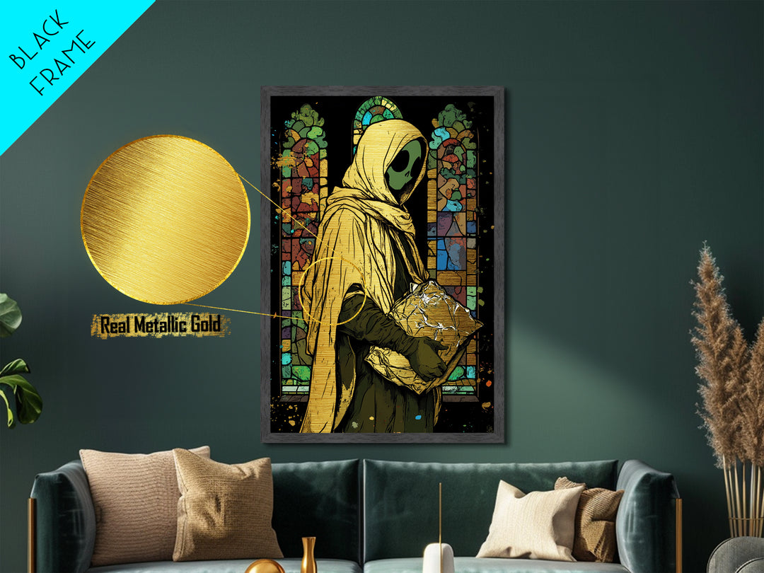 Chapel Phantom Metallic Gold Art Metal Art Gothic Haunted Halloween Spirit Print Framed in Real Wood for Creepy Horror Decor