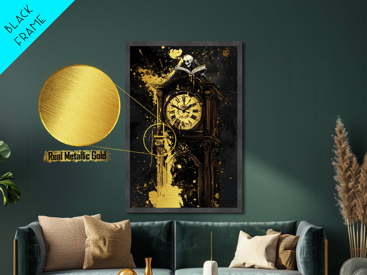 Haunted Grandfather Clock Metallic Gold Art Metal Art Gothic Halloween Decor Framed in Natural Real Wood for Spooky Home