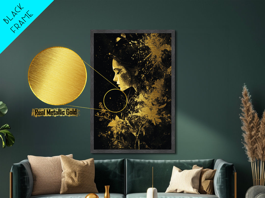 Metallic Gold Art Haunted Floral Woman Wall Decor | Spooky Witchy Metal Art with Real Wood Frame | Halloween Gothic Dark Bloom Design