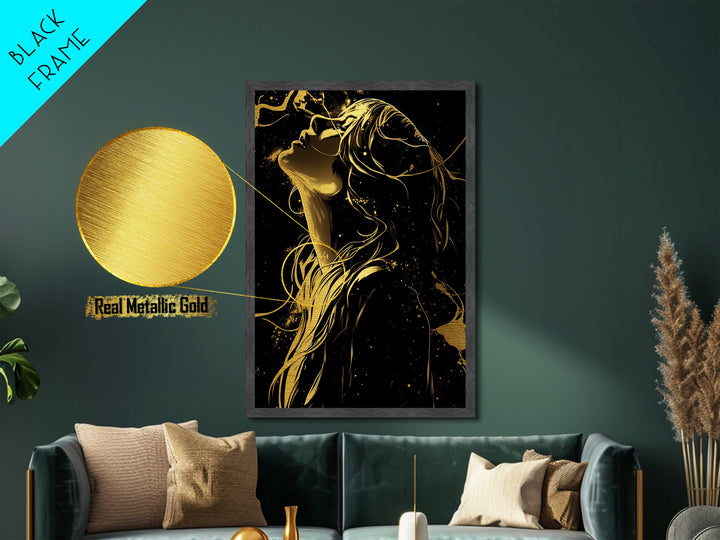Gold Line Art Witch in Wind – Metallic Gold Art, Halloween Metal Art Print with Real Wood Frame, Stylish Spooky Season Decor