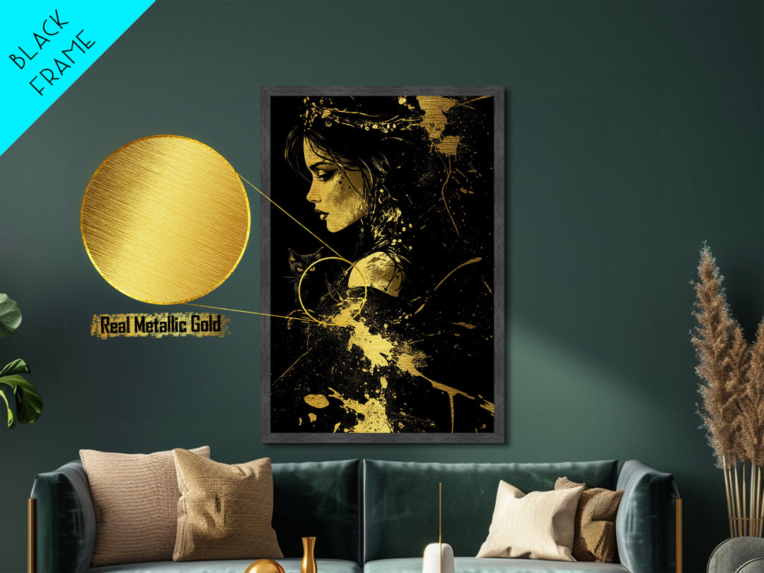 Metallic Gold Art Witch with Black Cat Halloween Wall Art | Spooky Gothic Metal Art with Real Wood Frame | Haunted Dark Witch Decor