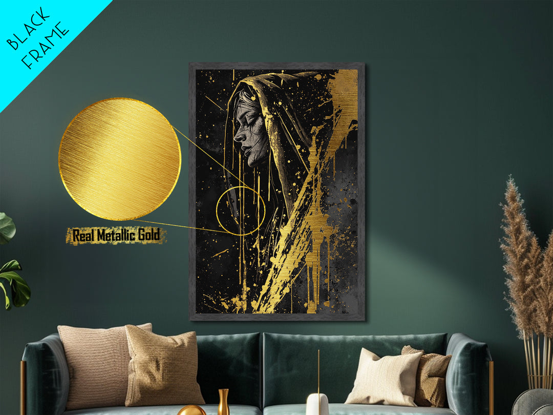 Haunted Hooded Woman Portrait Metallic Gold Art Metal Art, Gothic Halloween Wall Decor Framed in Natural Real Wood