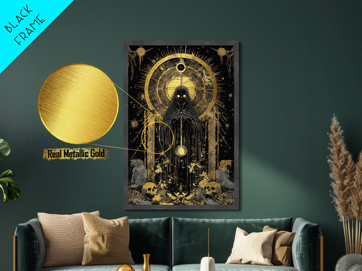 Occult Skeleton Priest Metallic Gold Art Metal Art, Creepy Gothic Horror Wall Hanging with Real Wood Frame