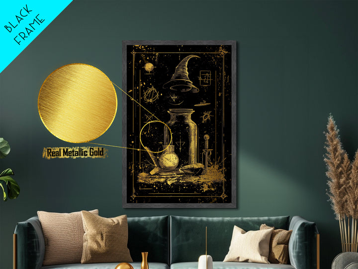 Witch Hat Potion Jar Metallic Gold Art Metal Art, Mystical Spooky Halloween Wall Print in Real Wood Framing