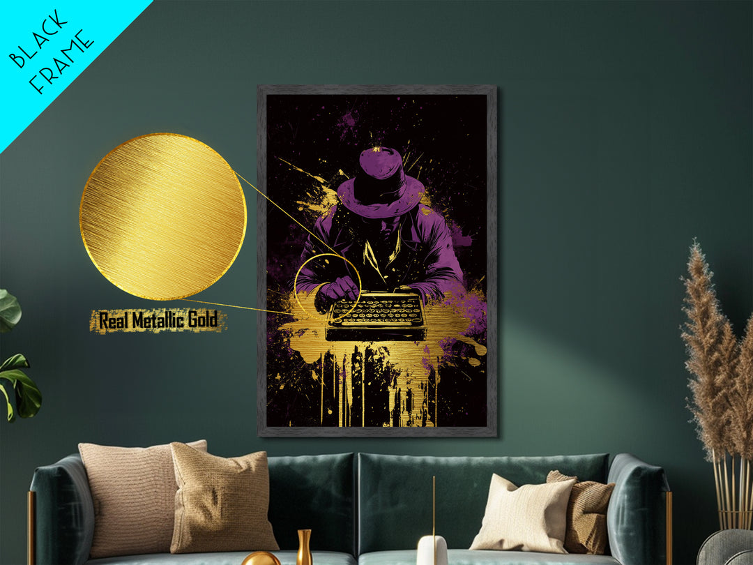 Noir Detective Writer Metallic Gold Art Metal Art, Spooky Halloween Mystery Decor with Solid Real Wood Frame