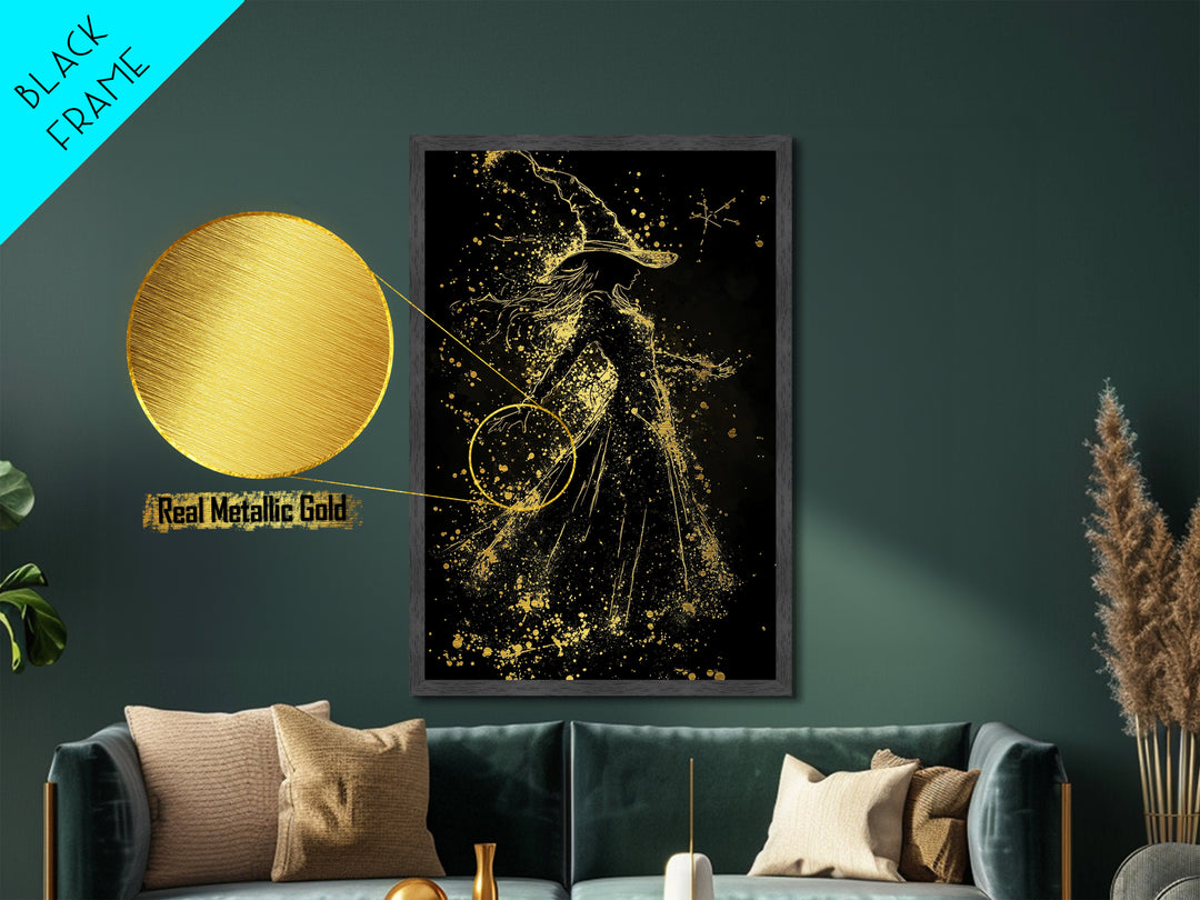 Witchy Woman Dancing Metallic Gold Art Metal Art, Enchanted Spooky Season Wall Print Framed in Genuine Wood