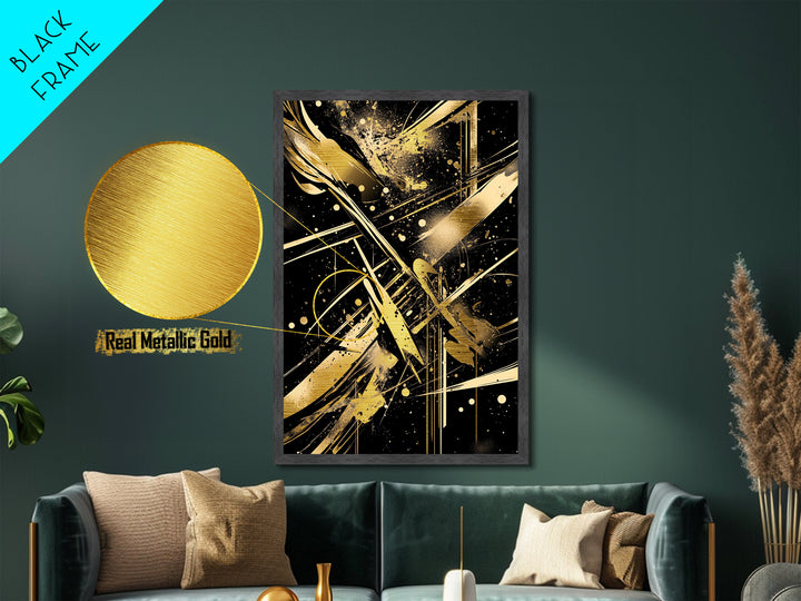 Abstract Haunted Geometry Metallic Gold Art Metal Art, Spooky Halloween Modern Gothic Wall Hanging with Real Wood Frame